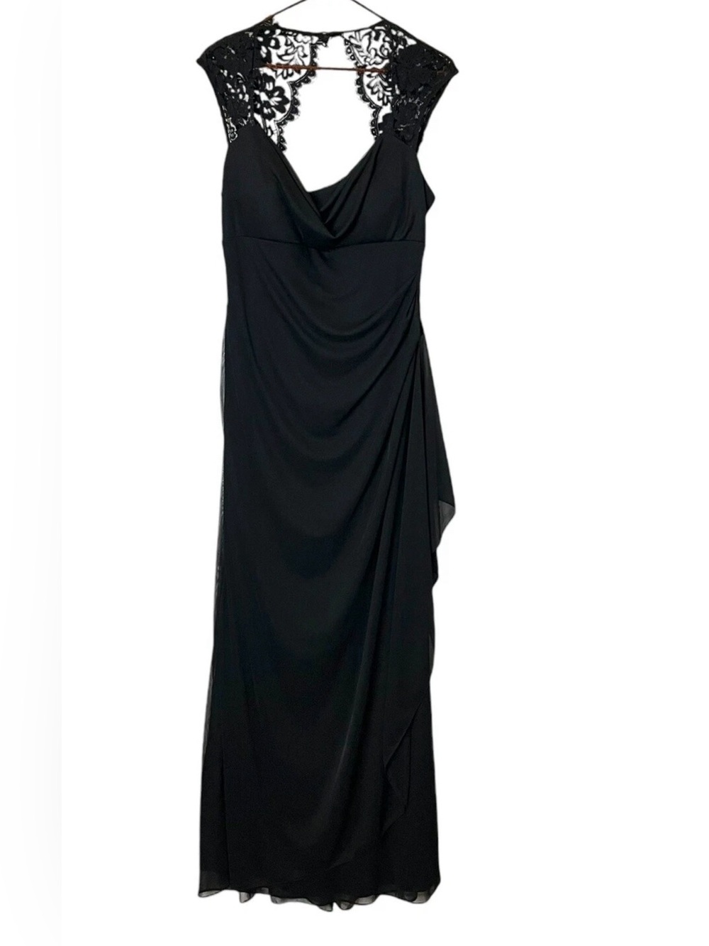 Xscape Vintage 90s Y2K Usa Made Black Cap Lace Sleeve Ruched Black Long Dress 8